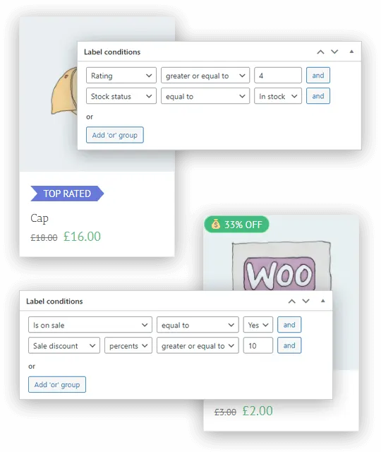 določanje pogojev za prikaz značk na izdelkih