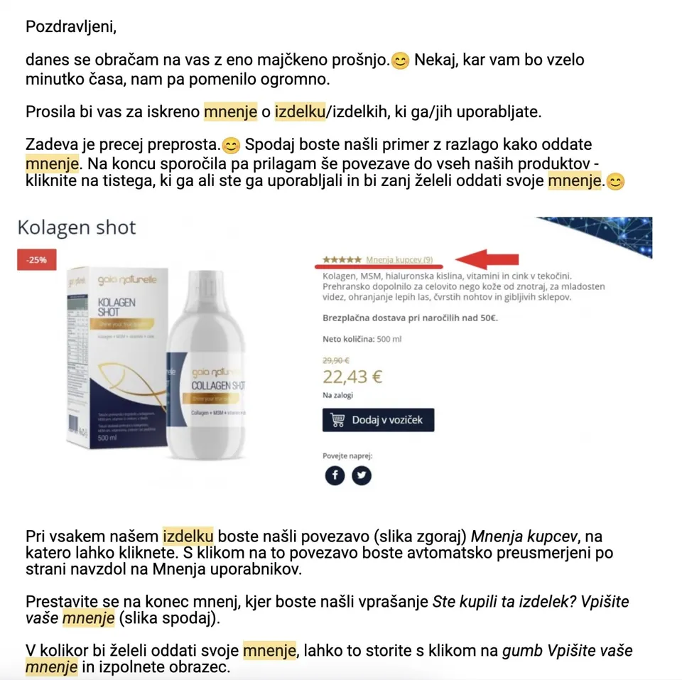 mnenje o izdelku - e-mail marketing