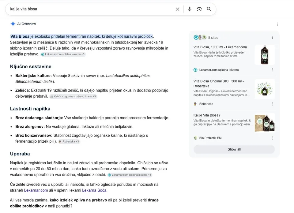 AI odgovor na prvi strani Googla