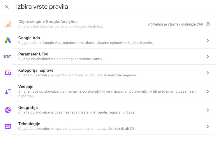 Ciljanje Google Optimize