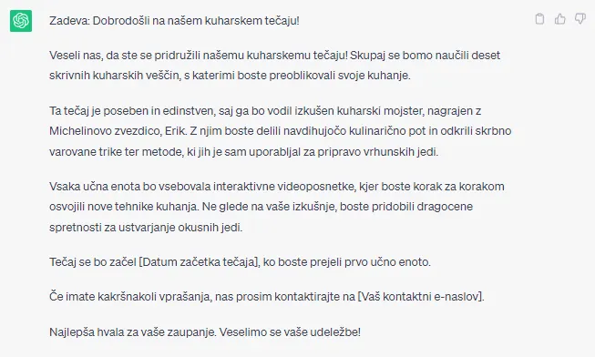 E-mail sporočilo napisano s pomočjo umetne intiligence