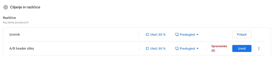 Različicie Google Optimize