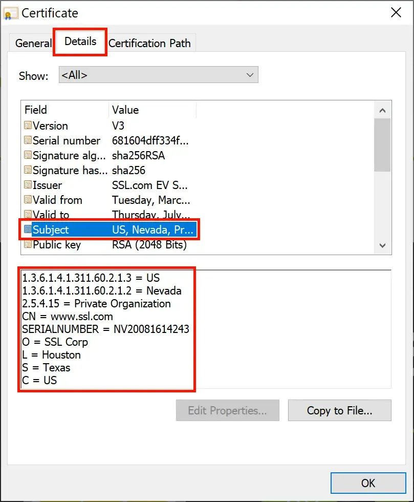 EV subject information in Chrome