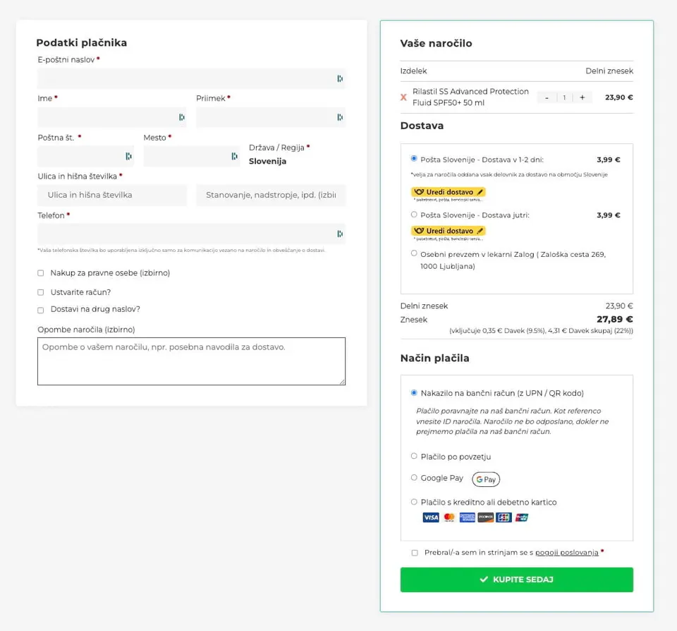 ekspres blagajna v spletni trgovini