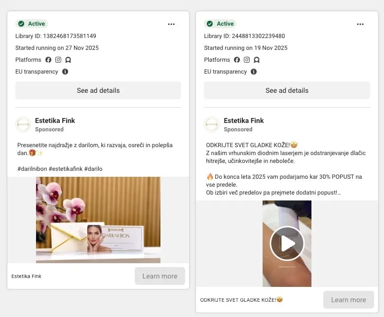 Facebook oglas za estetstko kliniko