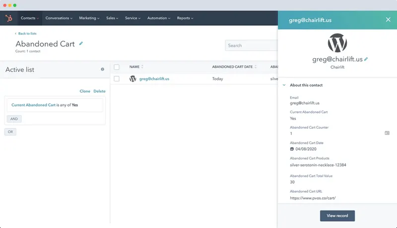 HubSpot zapuščena košarica