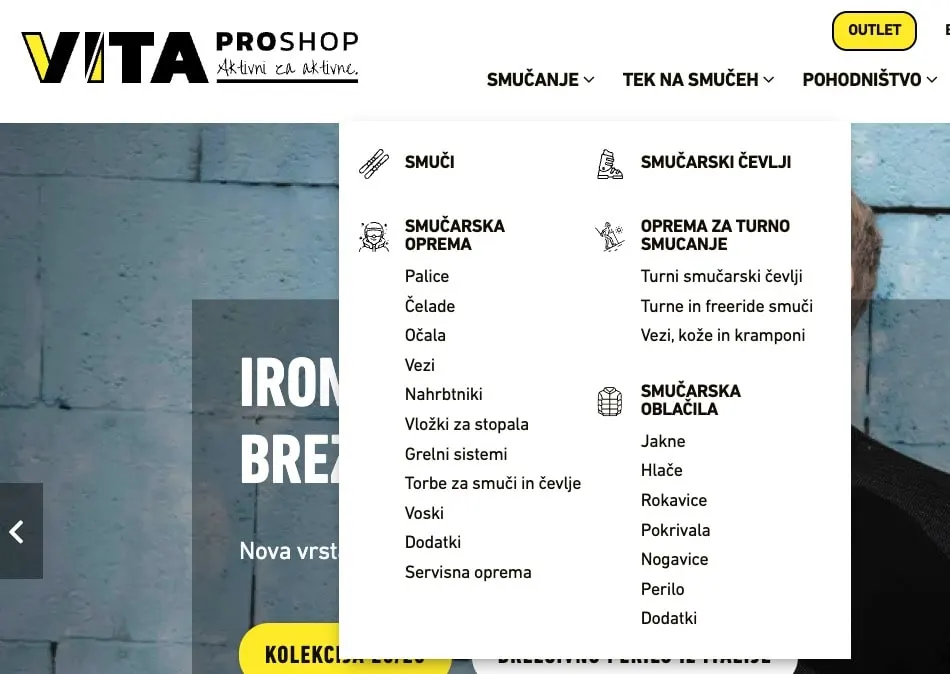 ikone v meniju za lažje navigacijo med kategorijami