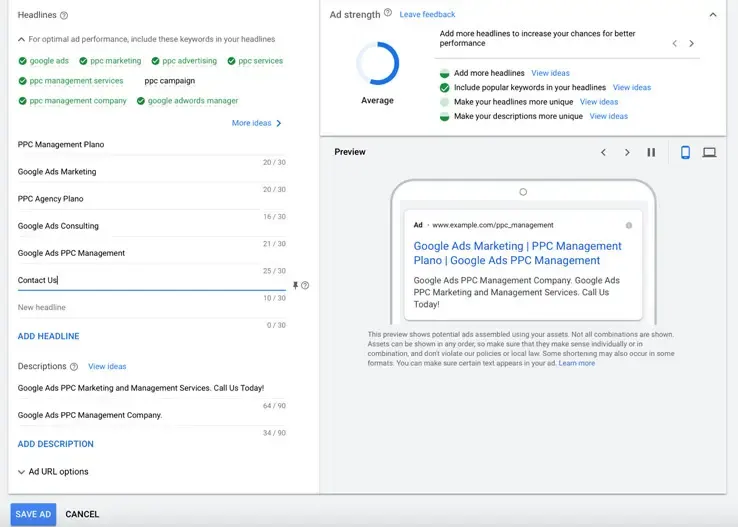 Opis v Google Ads odzivnem oglasu