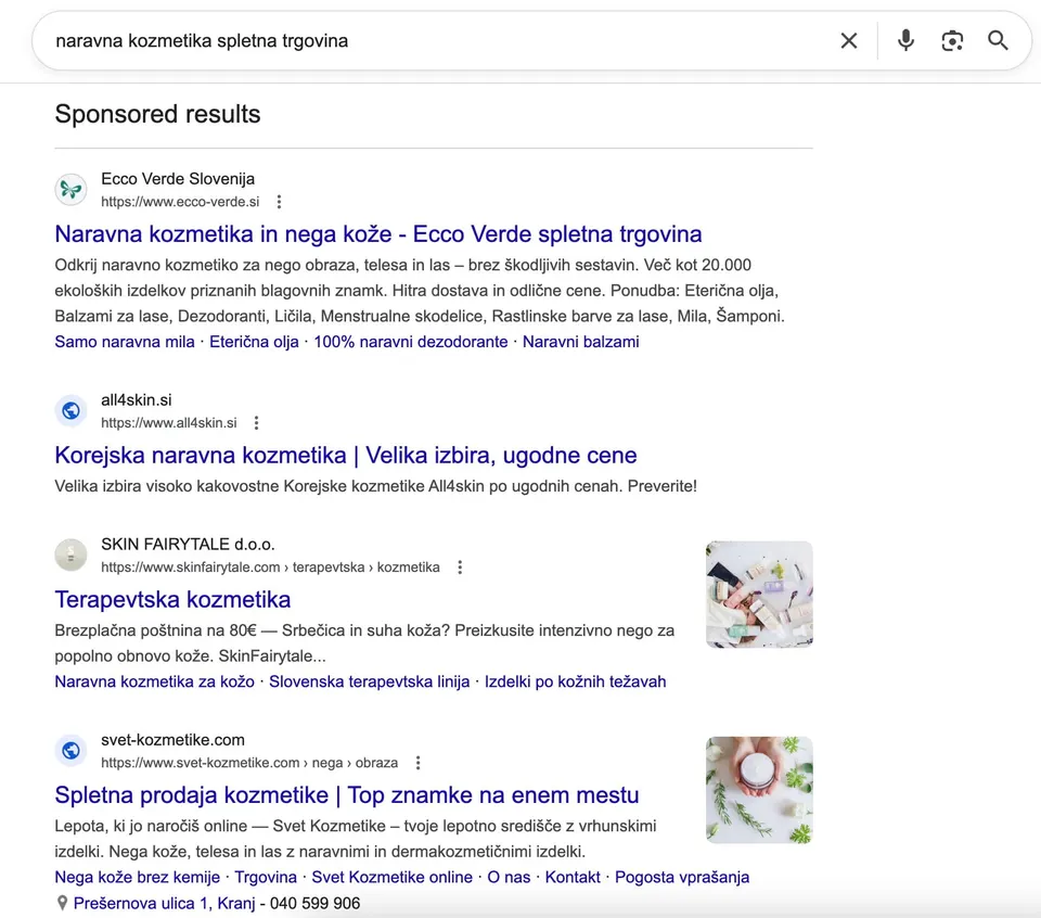 google oglas za naravno kozmetiko
