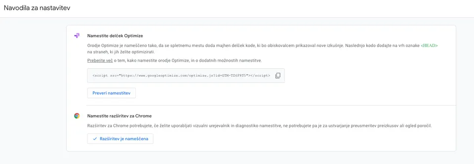 Nastavitev Google Optimize