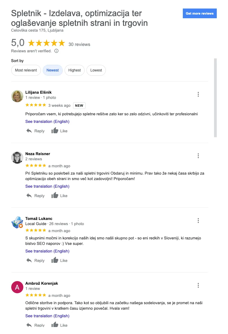 Mnenja strank Google My Business