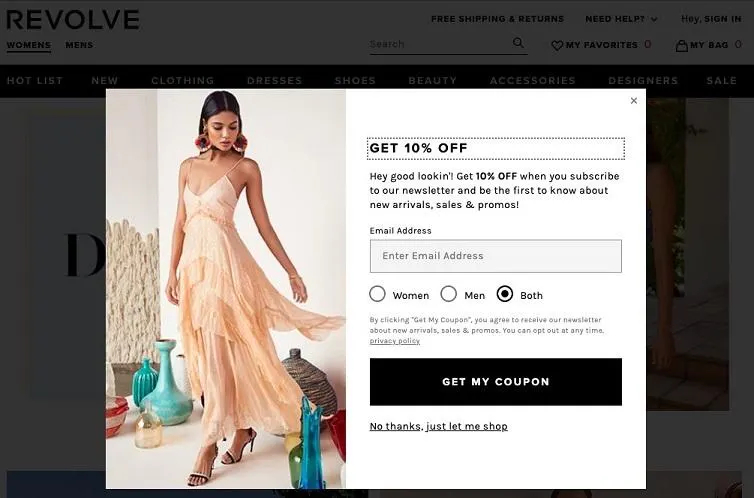 pop-up advertising on Revolve