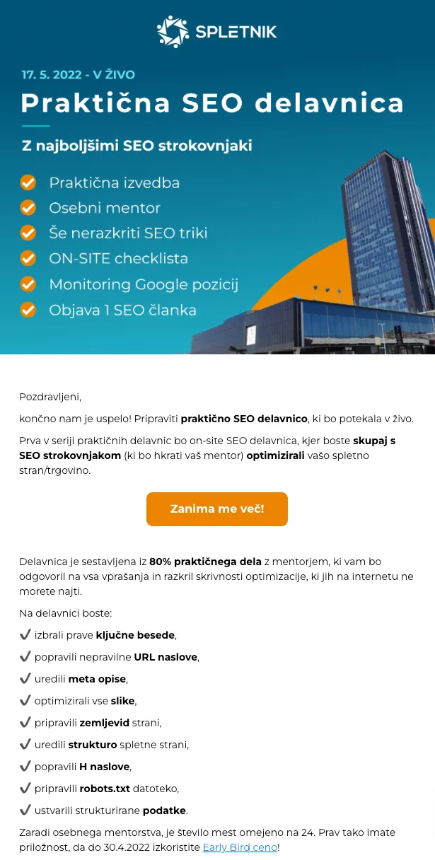 email vabilo na seo delavnico
