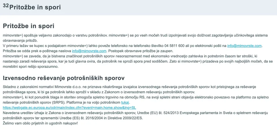 Sekcija pritožbe in spori na spletni strani
