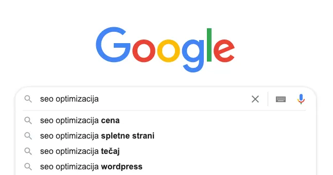 Google predlogi za ključno besedo "seo optimizacija"