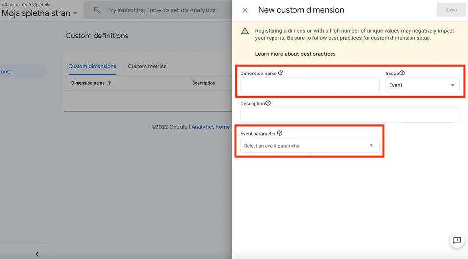 New custom dimensions Google Analytics 4