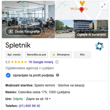 Google My Business profil - Spletnik