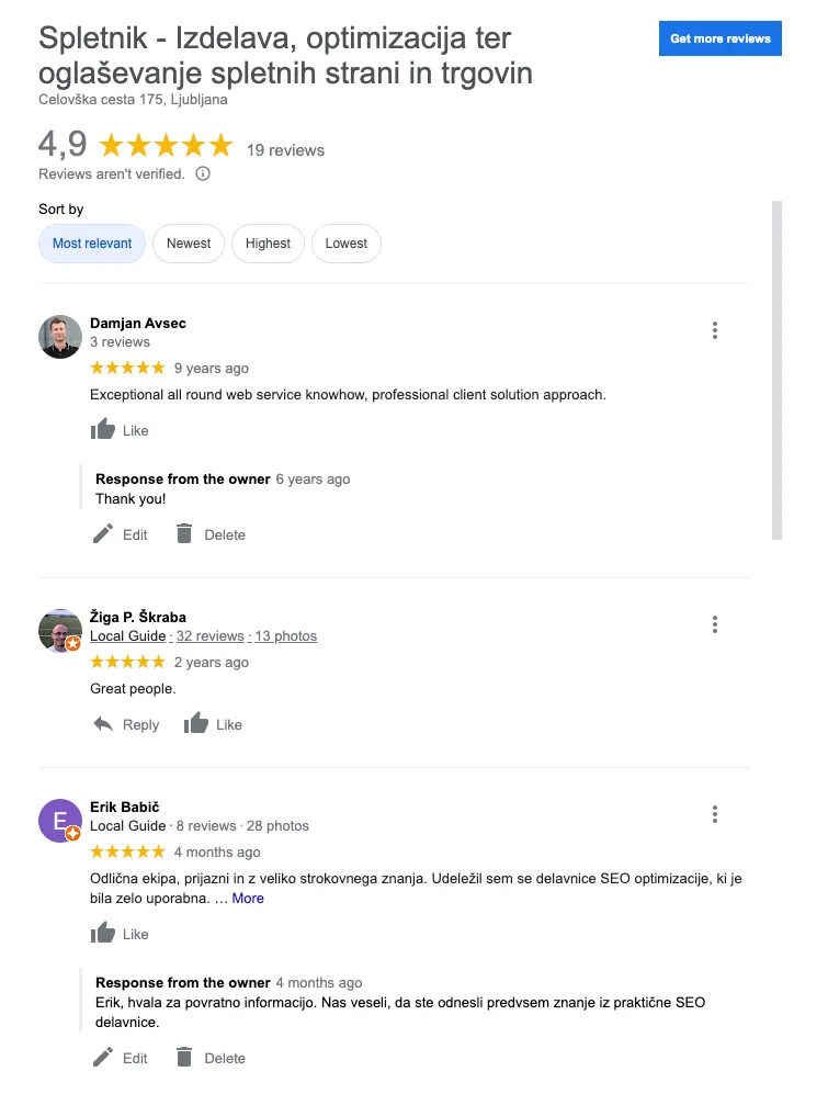 Google My Business ocene 