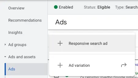 Odziven Google Ads oglas