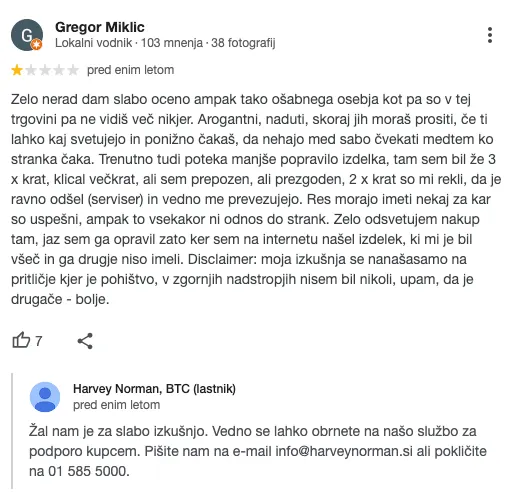 negativen komentar - slaba storitev