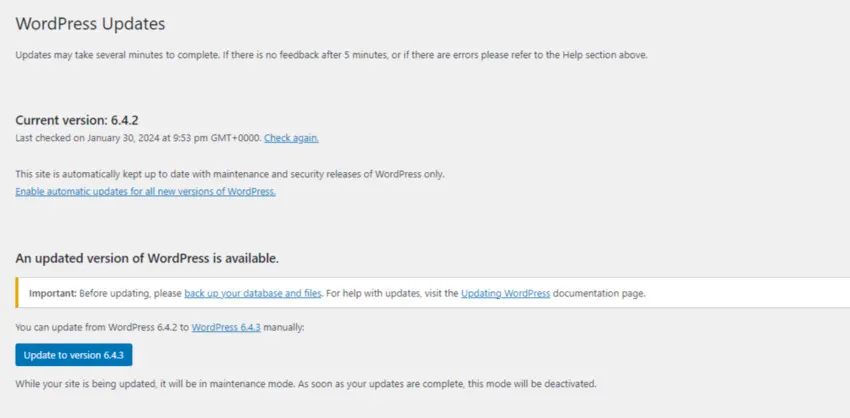 posodobitev WordPress CMS sistema znotraj urejevalnika
