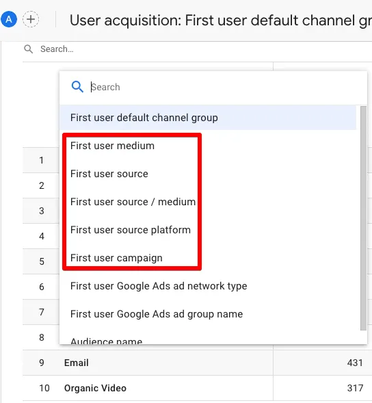 User acquisition - First user default channel grouping to see UTM data