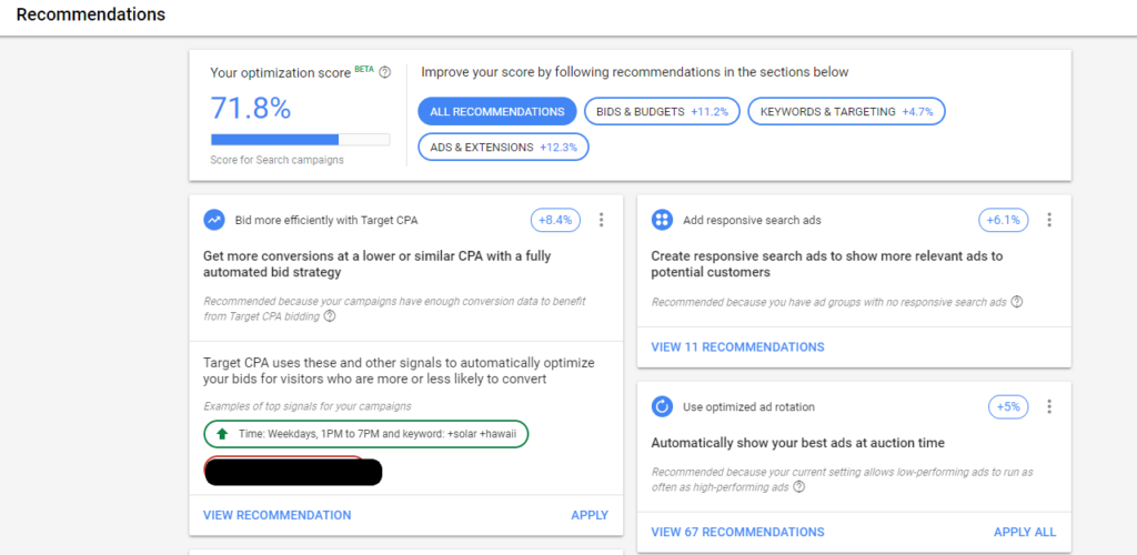 google ads priporočila