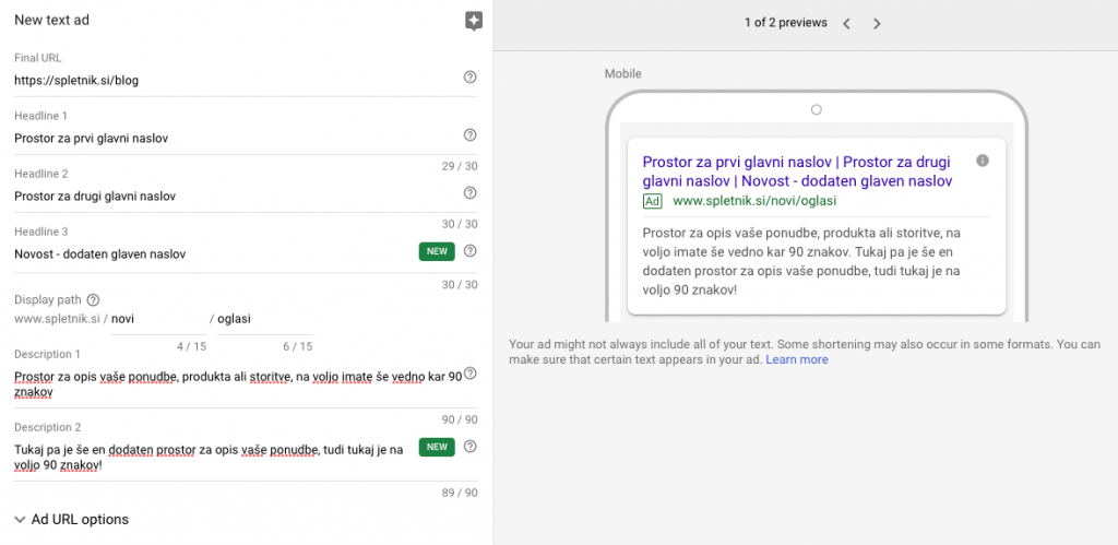 razširjeni tekstovni oglasi